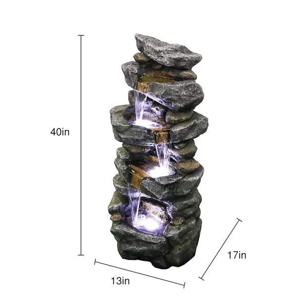 Fithood 40inches High Stacked Simulated Rock aqua Fountain with LED Lights