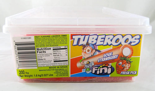 '- 200 Pieces Tub. Tuberoos Red Color White Fondant Filled Sour Licorice Sticks, Strawberry Artificially Flavor