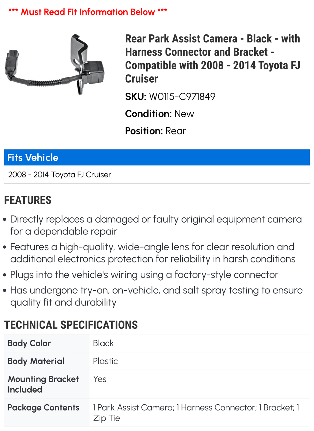 Rear Park Assist Camera - Black - with Harness Connector and Bracket - appropriate with 2008 - 2014  FJ Cruiser 2009 2010 2011 2012 2013