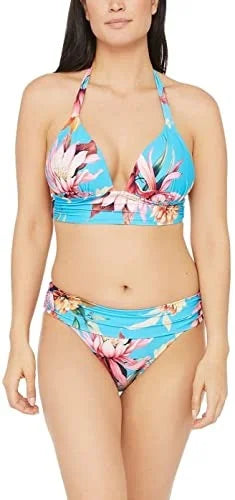 LA BLANCA Women's Blue Tropical Print Shirring Tie Sweetheart Molded Cup Halter Swimsuit Top 12
