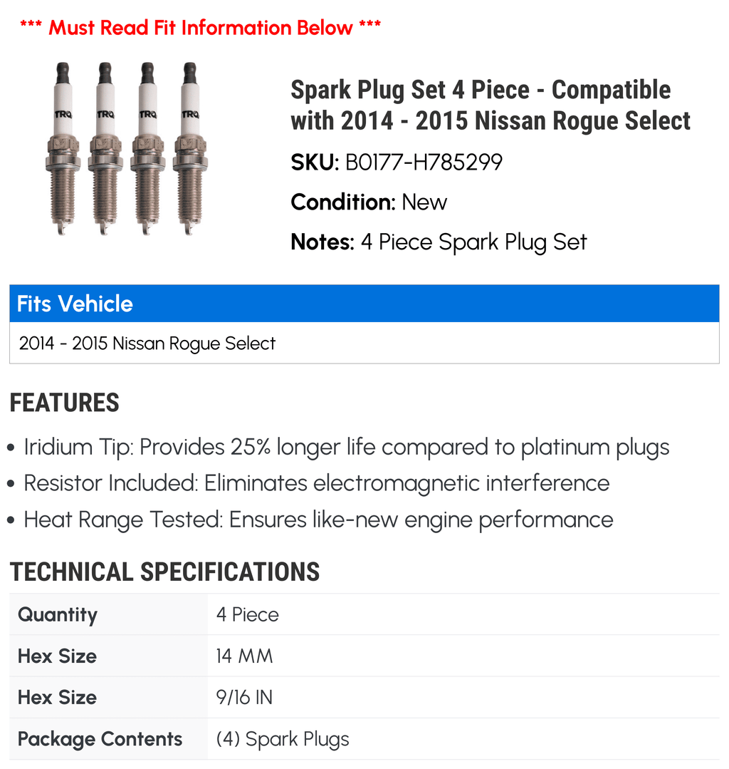Spark Plug Set 4 Piece - appropriate with 2014 - 2015 Nissan Rogue Select
