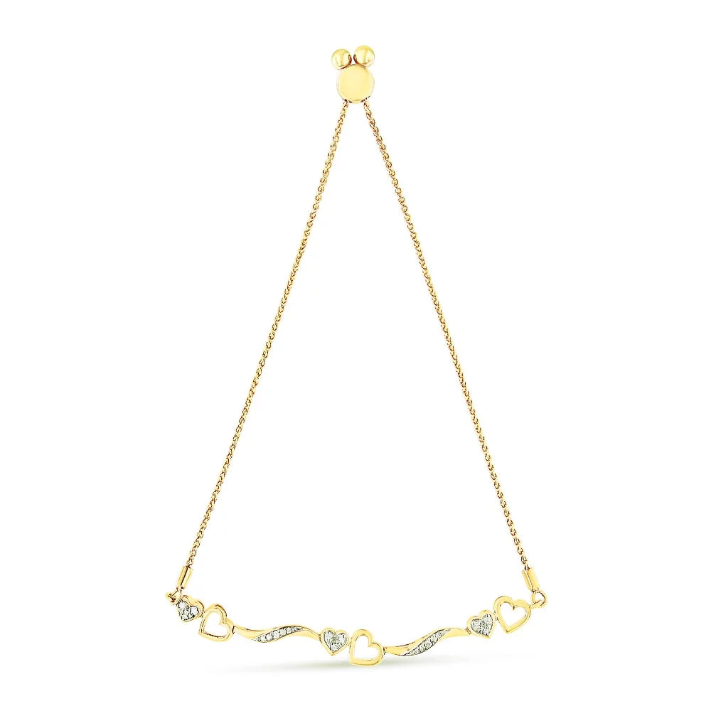 14K Yellow Gold Plated .925 Sterling Silver 1/10 Cttw Diamond Wave and Hearts 4"-10" Adjustable Bolo Bracelet (I-J Color, I3 Clarity)