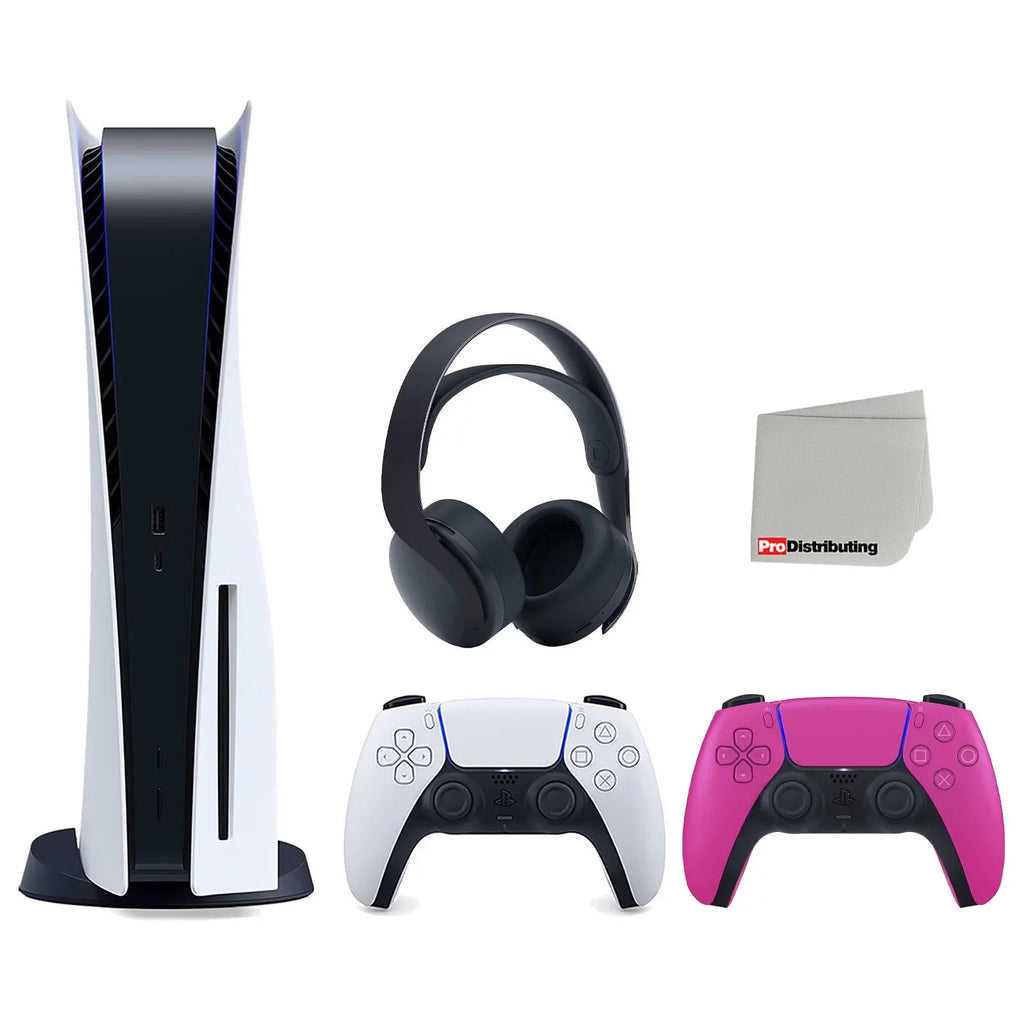 Playstation 5 Disc Version Console with Extra Pink Controller and Black PULSE 3D Headset Bundle with Cleaning Cloth
