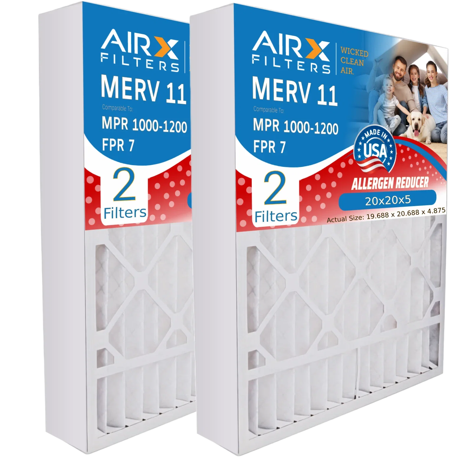20x20x5 Air Filter MERV 11 Comparable to MPR 1000, MPR 1200 & FPR 7 matching with Skuttle 000-0448-003 Premium USA Made 20x20x5 Furnace Filter 2 Pack by AIRX FILTERS WICKED CLEAN AIR.