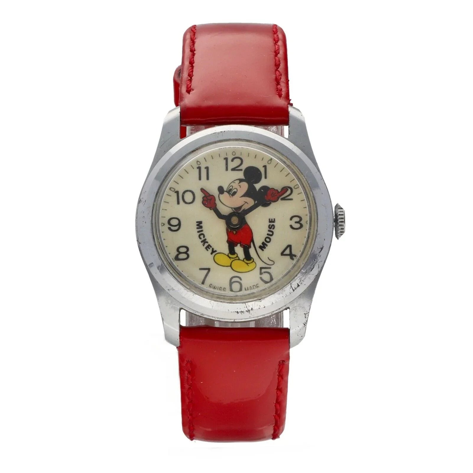 Vintage Mickey Mouse 29mm Base Metal Red Leather Swiss Manual Wind Women's Watch