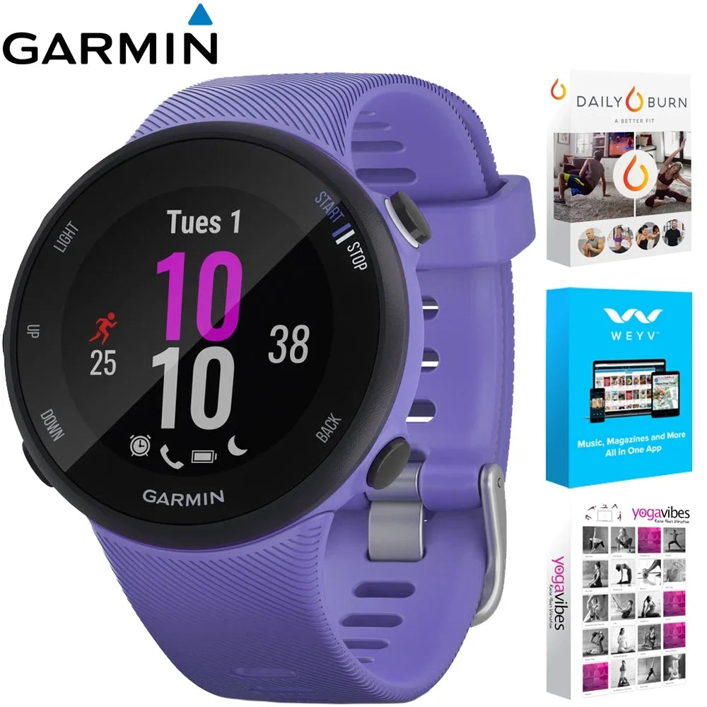 Restored Garmin 010-N2156-01 Forerunner 45S GPS Heart Rate Monitor Running Smartwatch (Iris) - Bundle With Fitness & Wellness Suite (WEYV, Yoga Vibes, Daily Burn) (Refurbished)