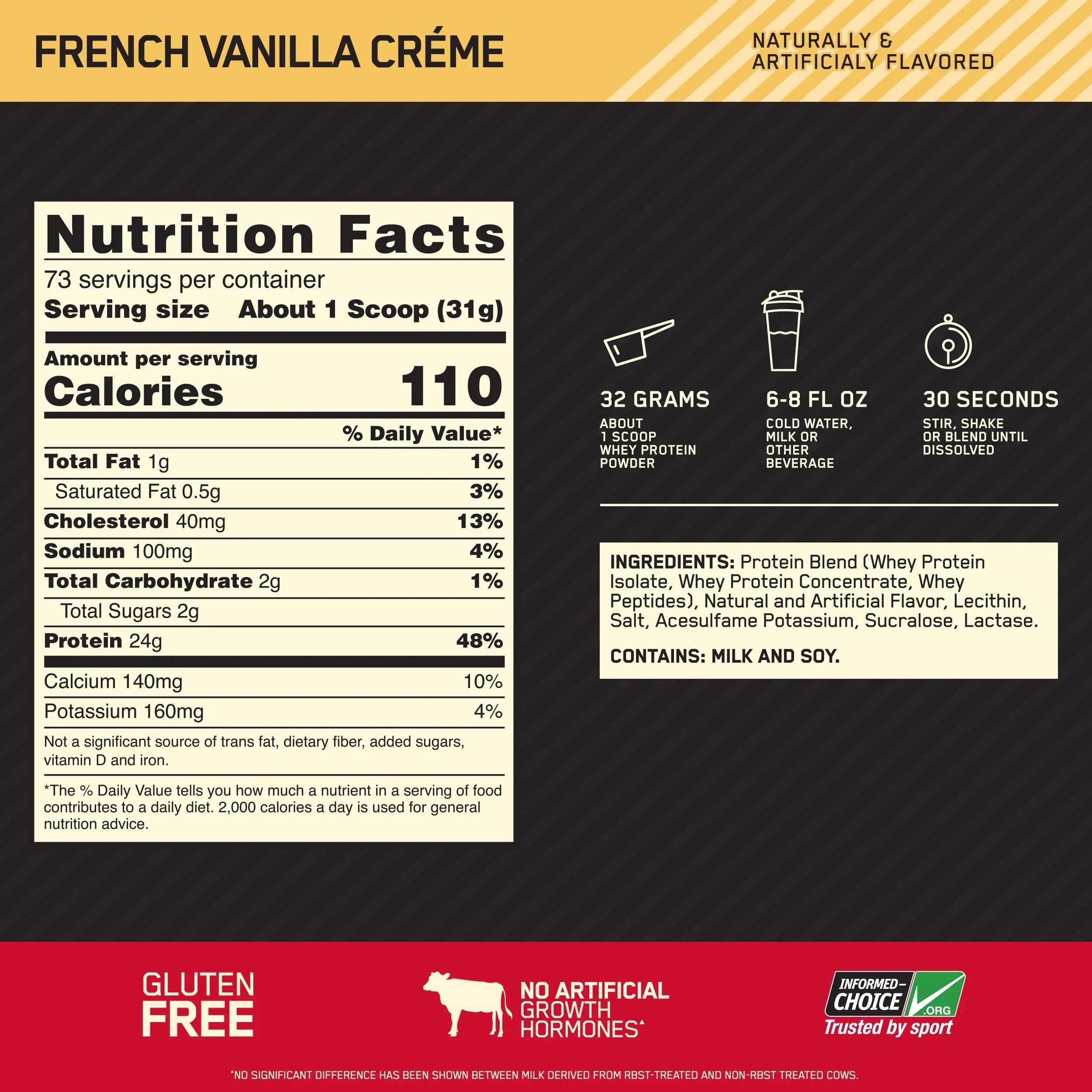 Optimum Nutrition, Gold Standard 100% Whey Protein Powder, French Vanilla Creme, 5 lb, 73 Servings