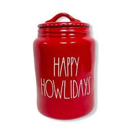 Rae Dunn by Magenta HAPPY HOWLIDAYS Red Ceramic LL Canister with White Letters