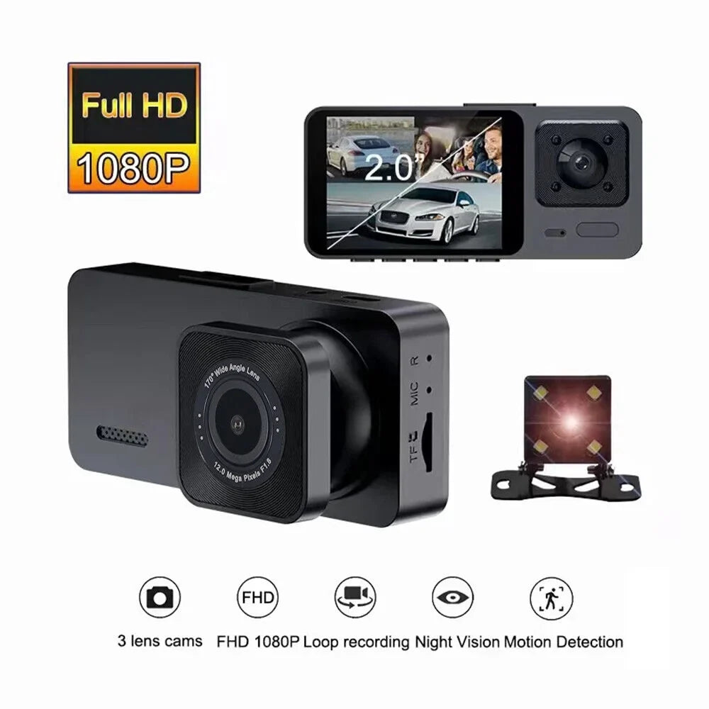 JLLOM 1080P 3 Lens HD Dual Lens Car Dash Cam Front/Rear/Inside Video Recorder Camera G-sensor