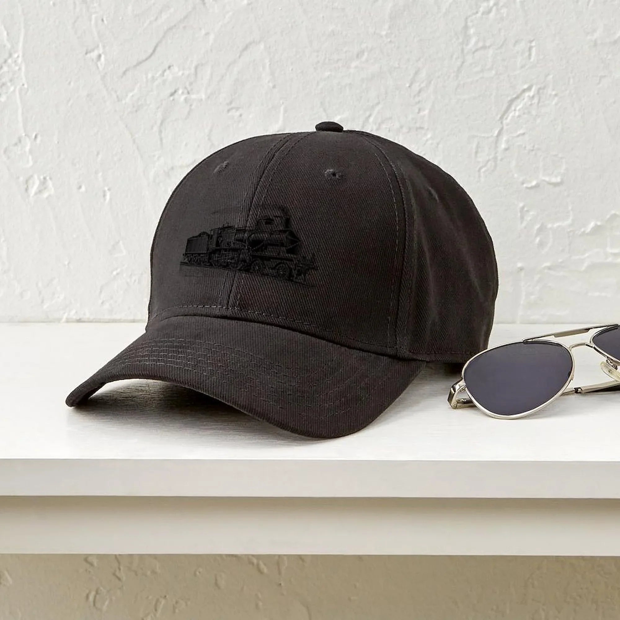 CafePress - VINTAGE TRAINS Black Cap - Printed Adjustable Cotton Canvas Black Baseball Hat