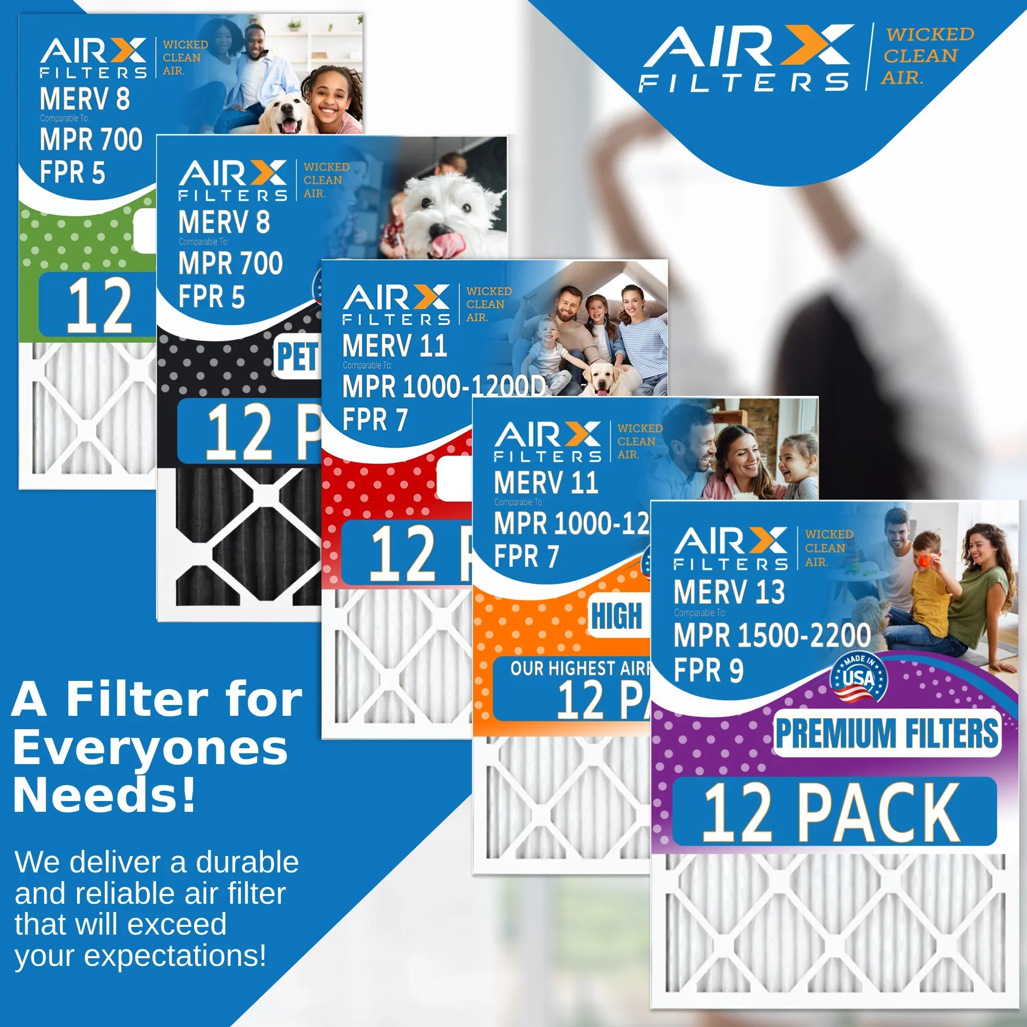 14x24x1 Air Filter MERV 11 Rating, 12 Pack of Furnace Filters Comparable to MPR 1000, MPR 1200, FPR 7, High Efficiency 12 Pack of Furnace Filters Made in USA by AIRX FILTERS WICKED CLEAN AIR.