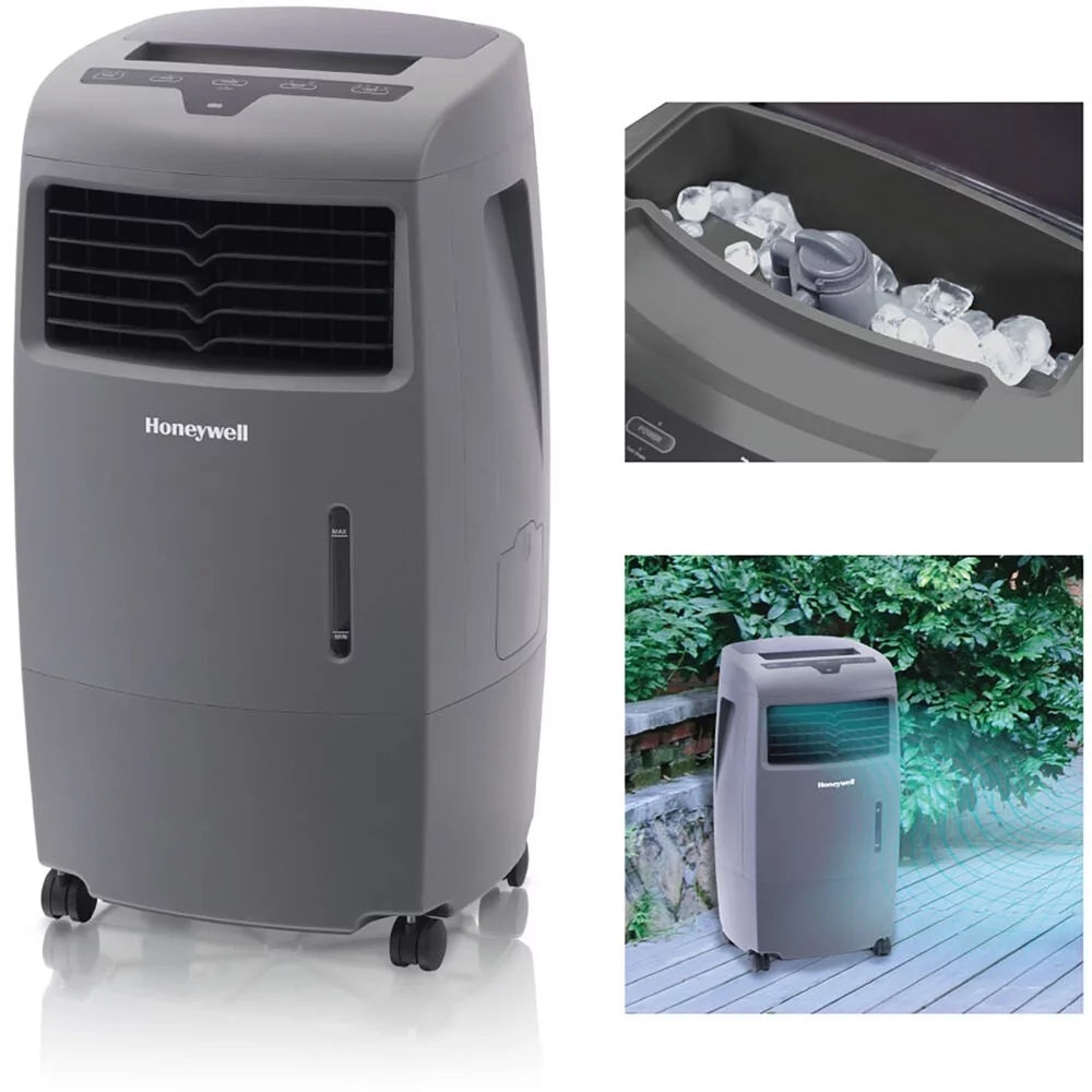 Honeywell 500-694CFM Indoor Outdoor Portable Evaporative Cooler with Fan & Humidifier, Ice Compartment & Remote Control, CO25AE, Gray