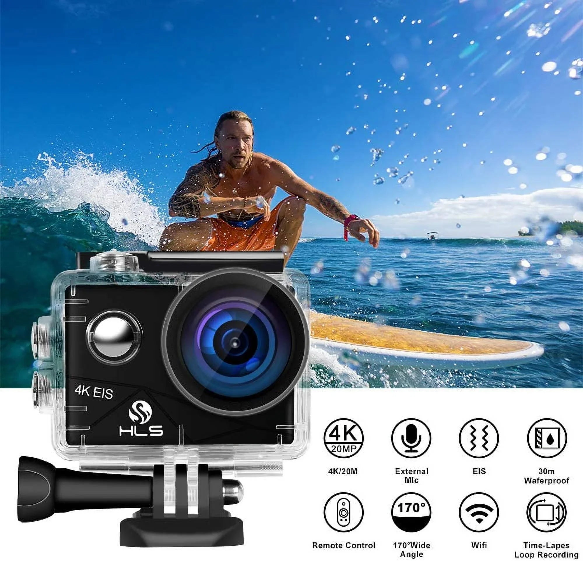 Video Action Camera 4K with Wide Angle Lens HD WiFi Underwater Camera with Waterproof Case Remote Outdoor Sports Camera for Vlog with Accessories Mount Kit Battery Charger