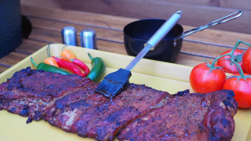 PitMaster King Large 6 Slot Stainless Steel Rib Rack, Sauce Pan and Basting Brush 3pc Combo Set