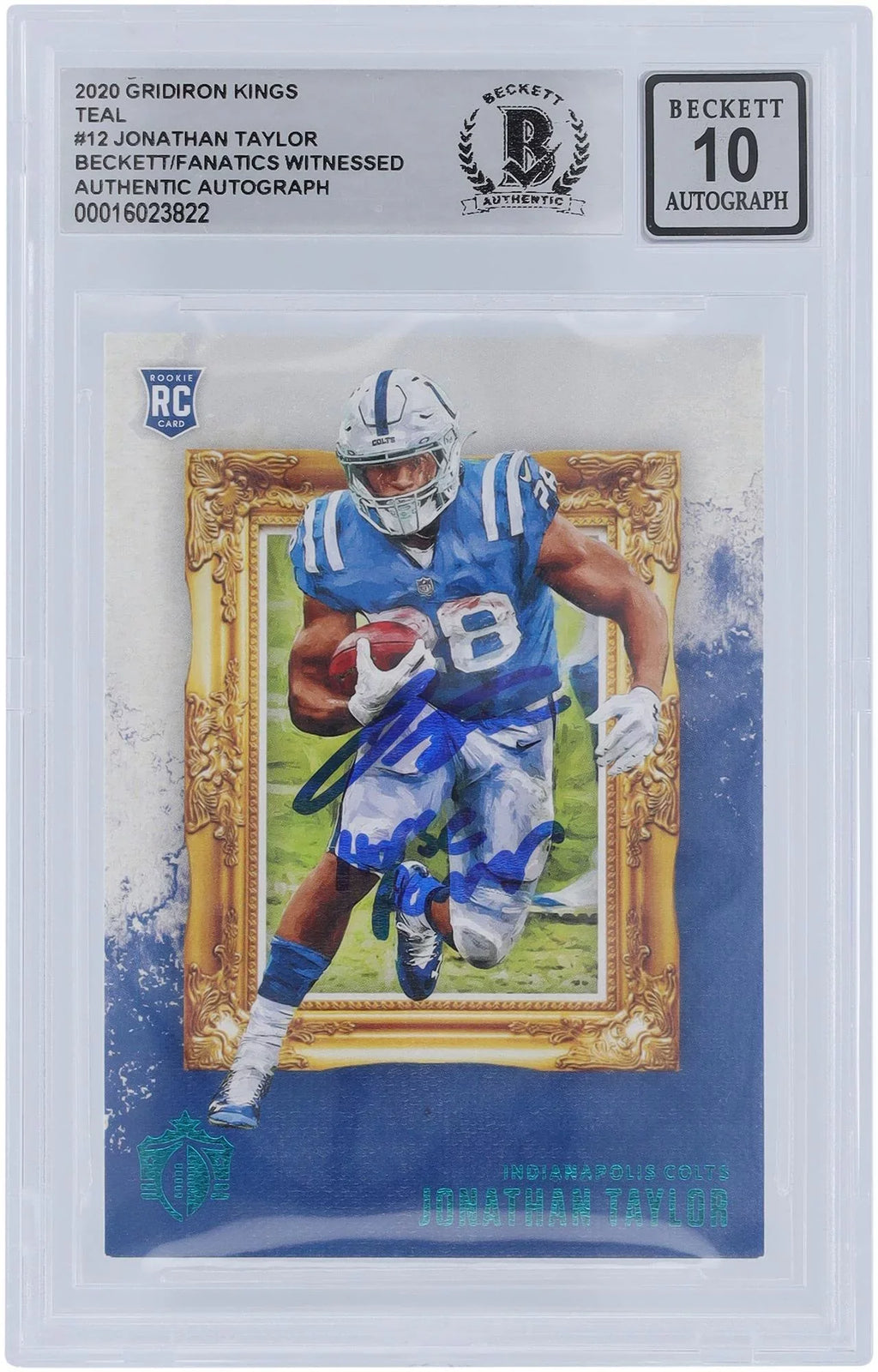 Jonathan Taylor Indianapolis Colts Autographed 2020 Panini Gridiron Kings Teal #GK-12 Beckett Fanatics Witnessed Authenticated 10 Rookie Card with "Horse Power" Inscription - Fanatics Authentic