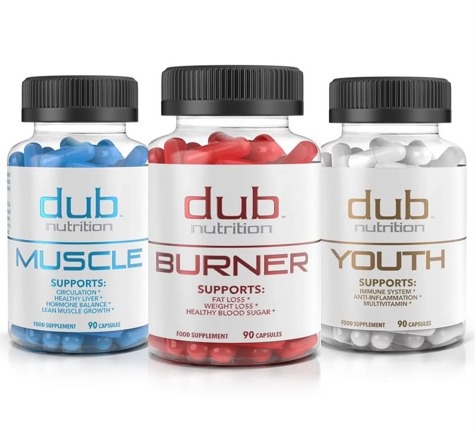 Most Advanced Formula: Burner, Muscle, Youth Combo by dub nutrition | All Natural Fat Burner, Muscle Recovery, Immune Boost Supplement | 90 Capsules per Bottle