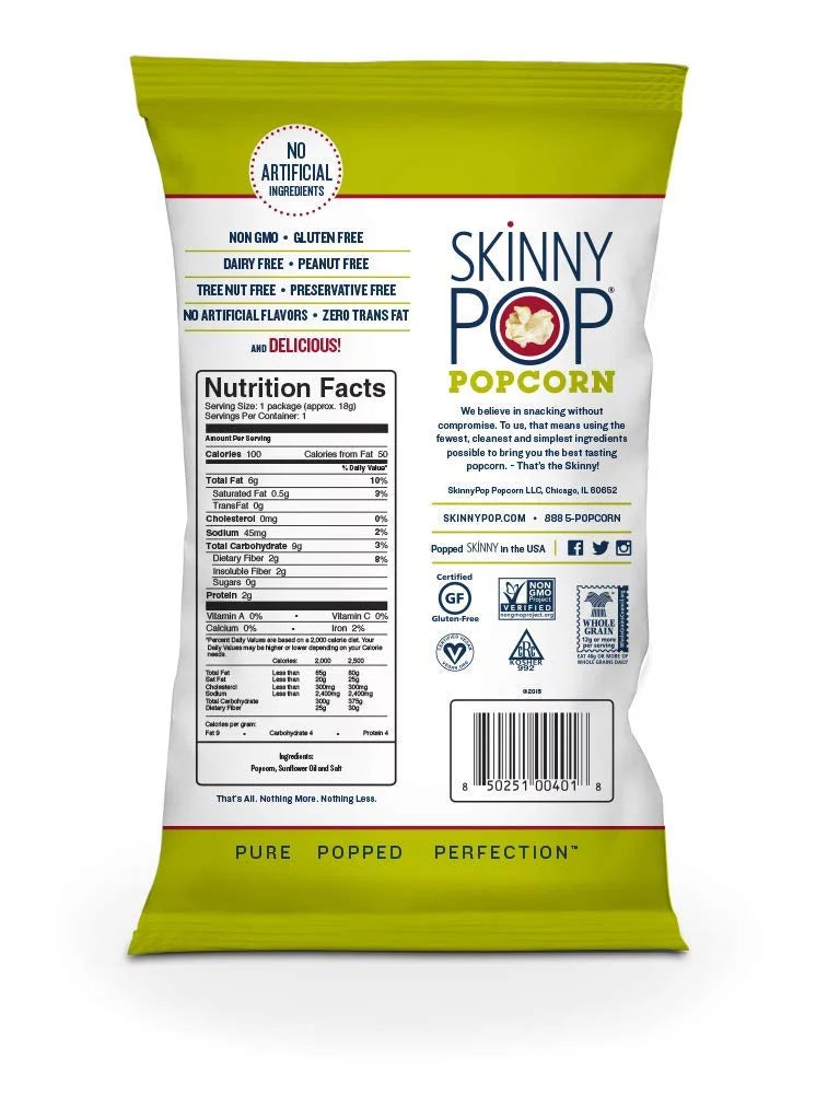SkinnyPop Original Popcorn, Individual Snack Size Bags, Skinny Pop, Healthy Popcorn Snacks, Gluten Free, 0.65 Ounce (Pack of 30)