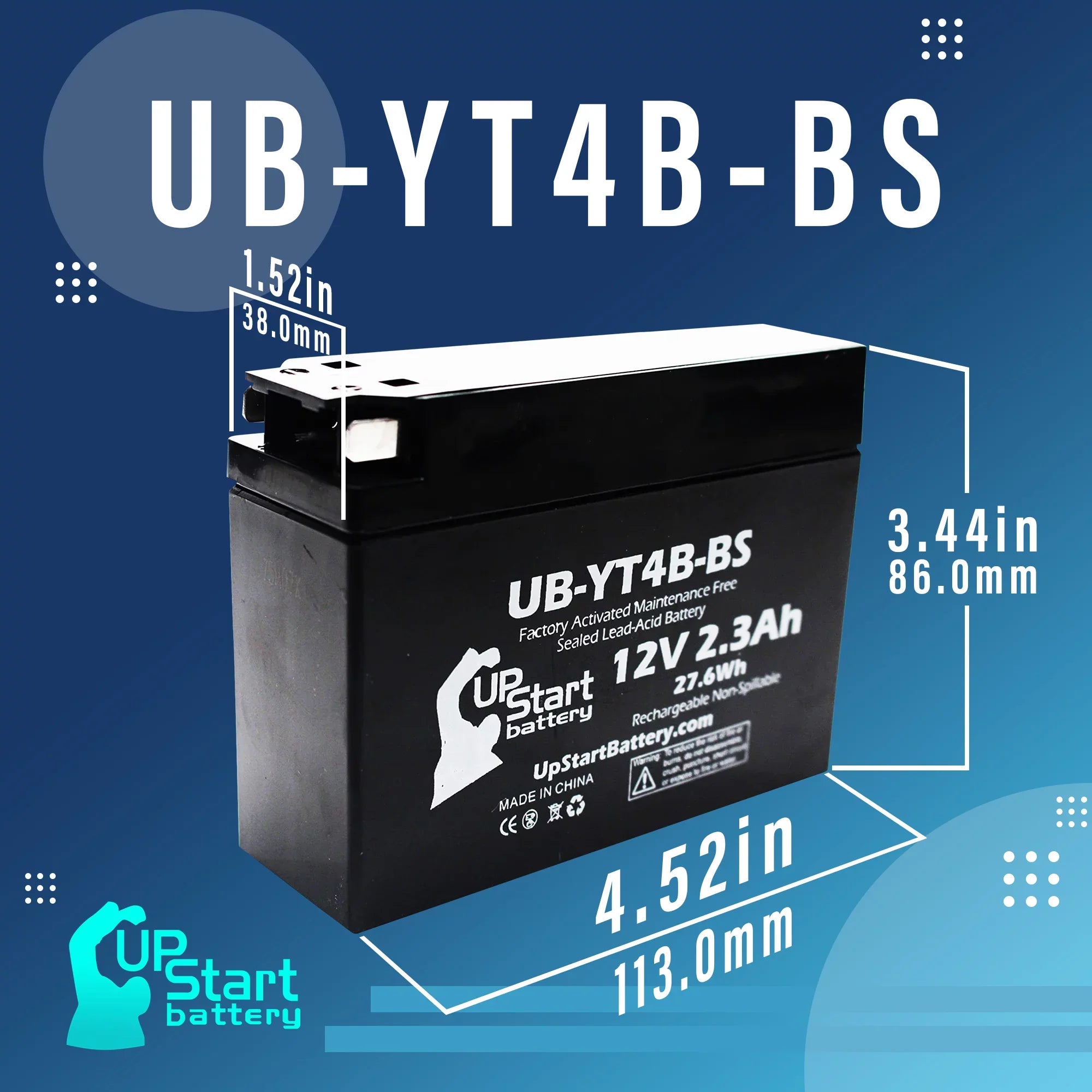 4-Pack UpStart Battery Replacement for 2008 Yamaha SR400 400CC Factory Activated, Maintenance Free, Motorcycle Battery - 12V, 2.3Ah, UB-YT4B-BS