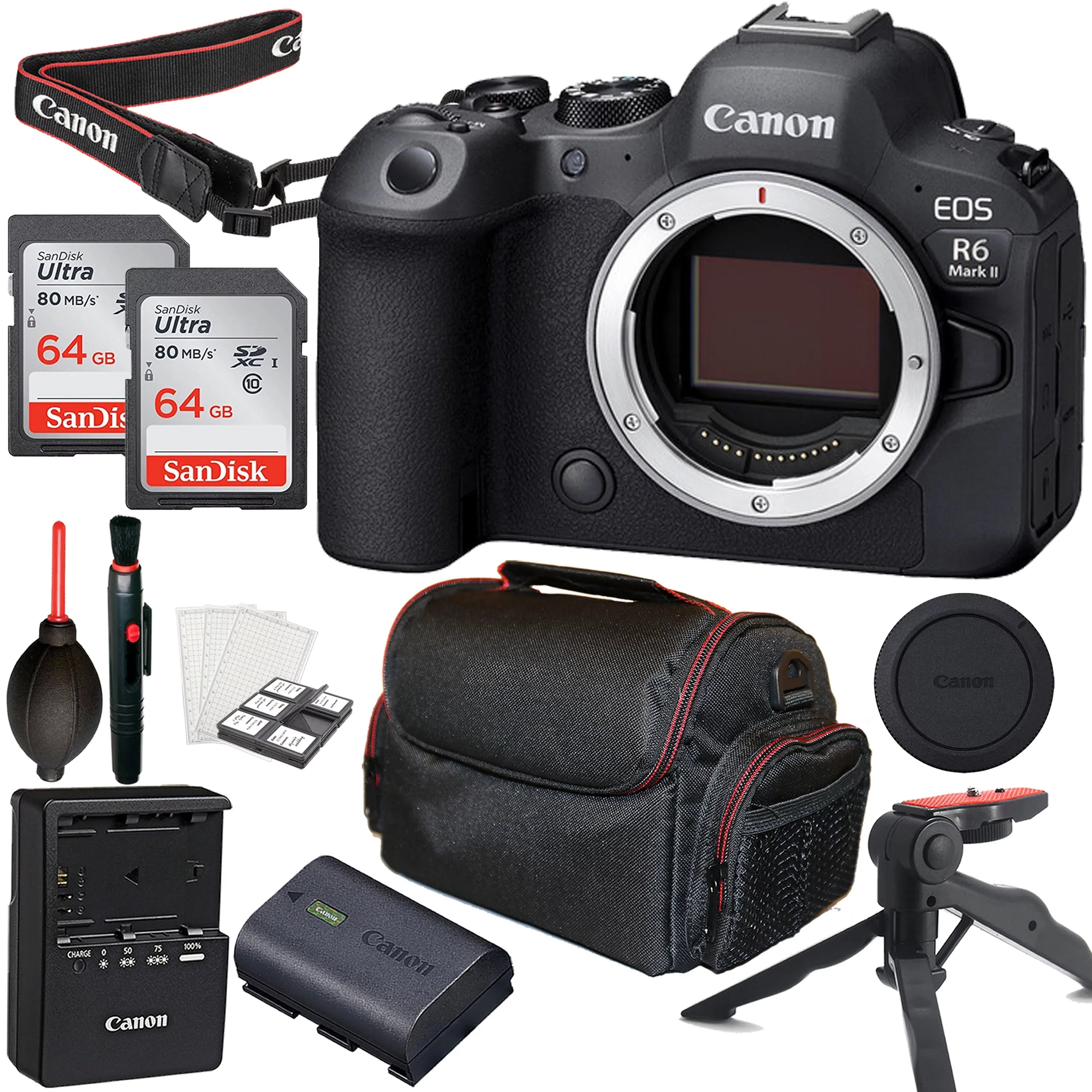 EOS R6 Mark II Mirrorless Camera (Body Only) + 2pc 64GB Memory Cards + Tripod + Case & More