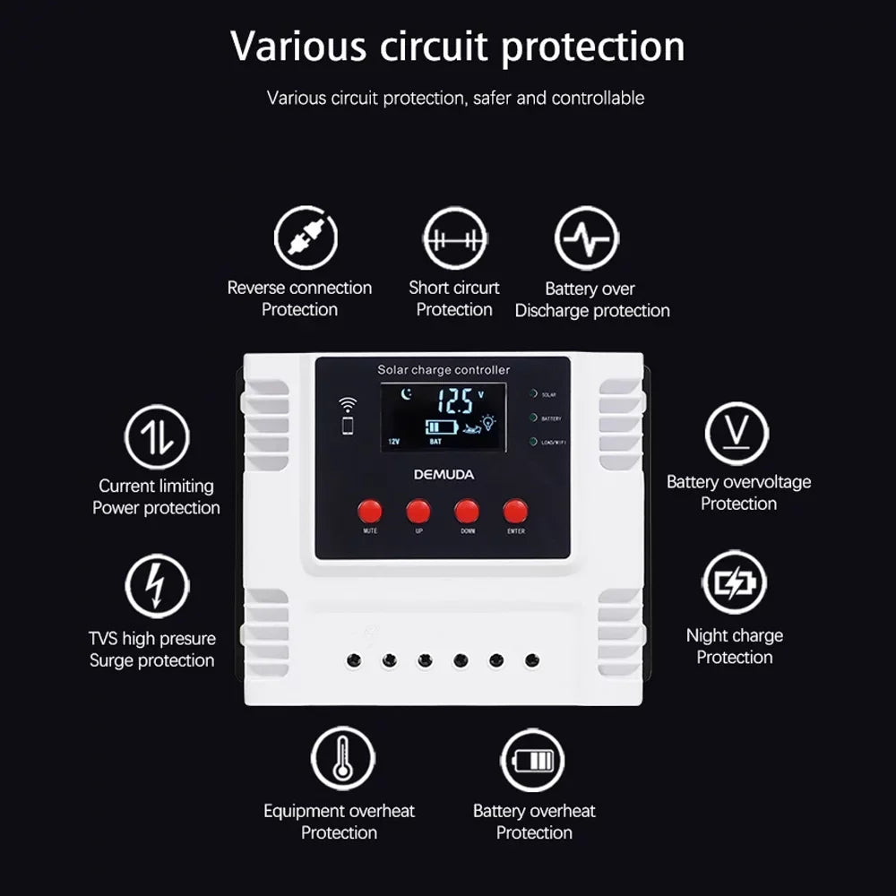 Lixada Intelligent Solar Charger Controller 12V/24V with Mobile App Real-time Data LED Display for Leadacid Ternary Iron Batteries PWM