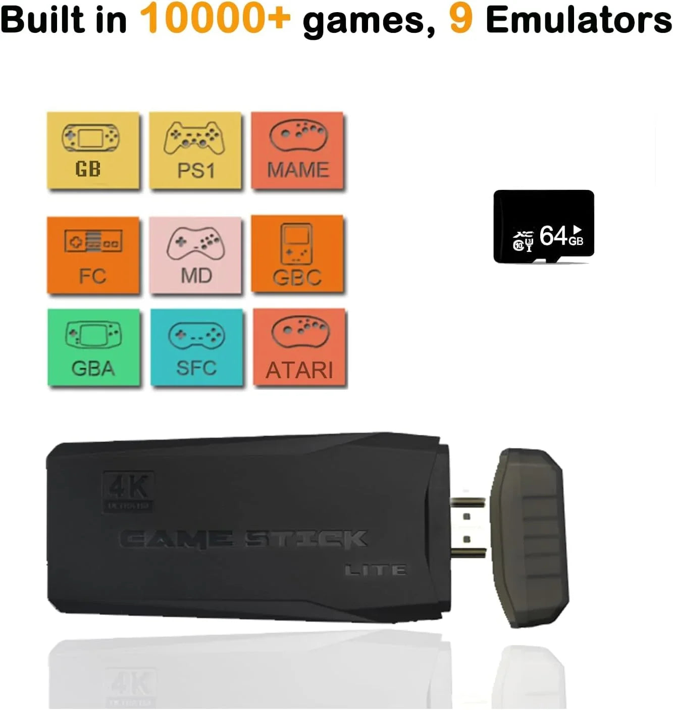 Wireless Retro Game Console, Plug and Play Video Game Stick Built in 20000+ Games,9 Classic Emulators, 4K High Definition HD Output for TV with Dual 2.4G Wireless Controllers
