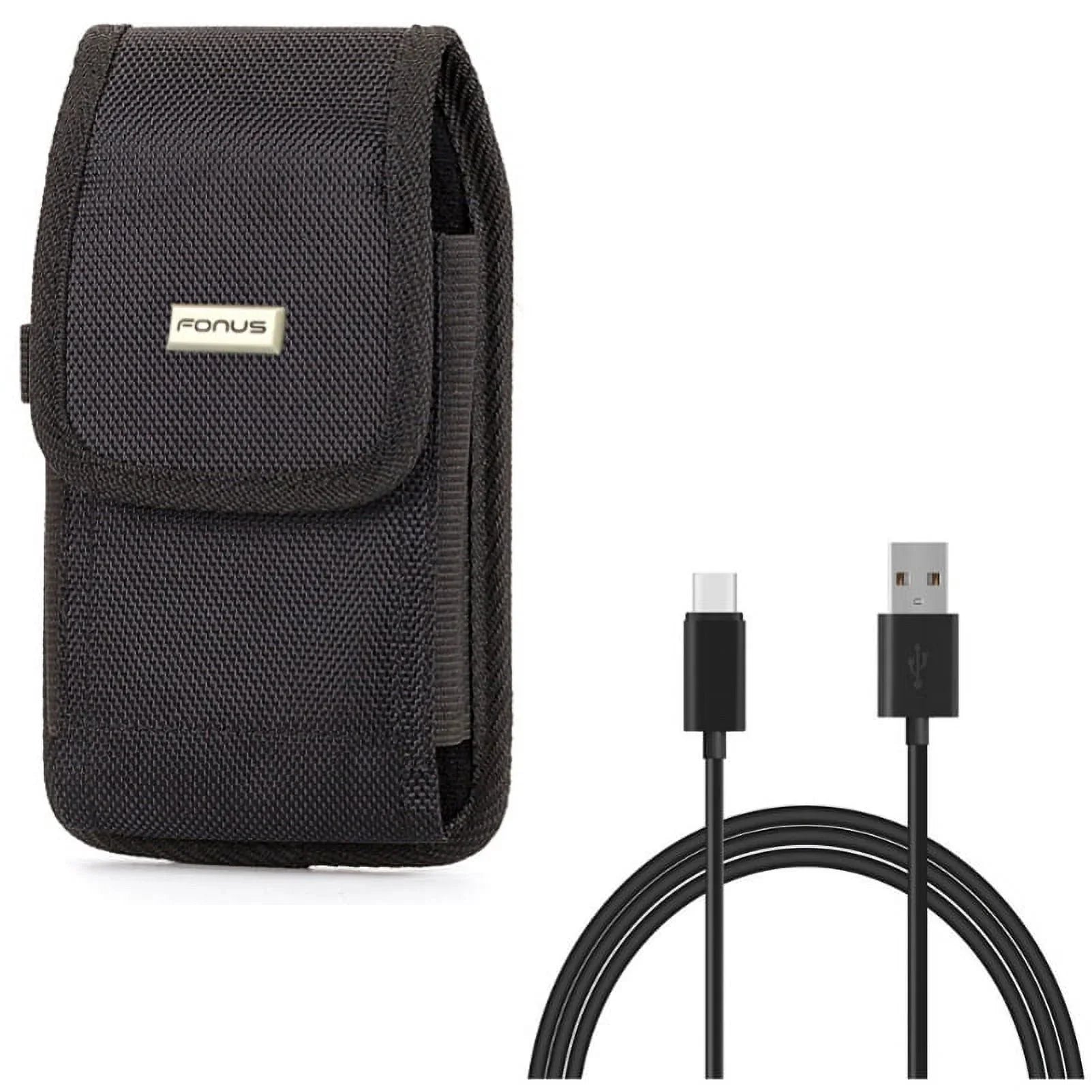 Rugged Canvas Case Holster Metal Belt Clip w Black 6ft Long Type-C Cable Rapid Charge USB Wire Sync Y8K for Blackberry Motion - BLU G9, Vivo XI Plus - Coolpad Legacy - Google Pixel XL 3a XL