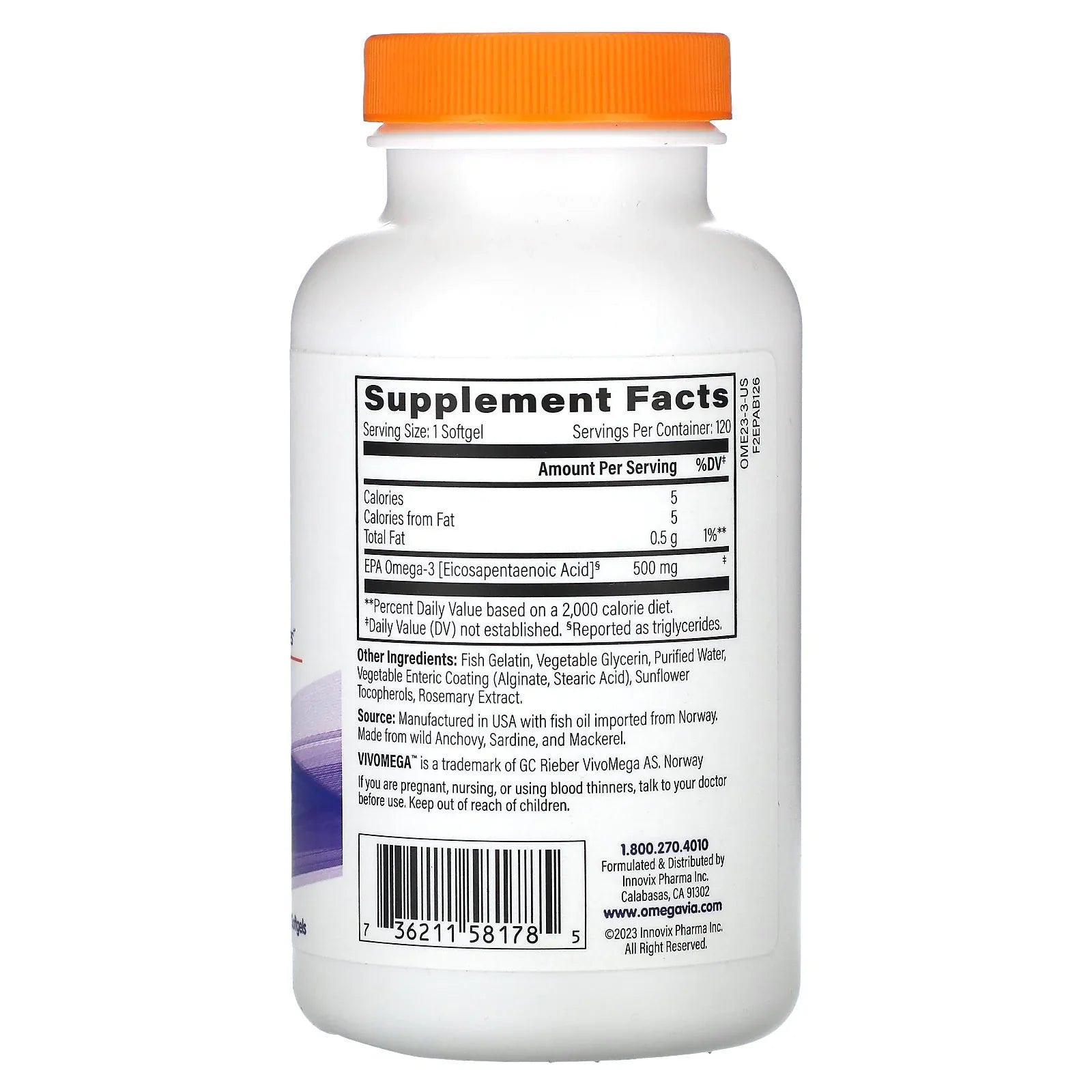 OmegaVia EPA 500, Omega-3, 500 mg, 120 Softgels