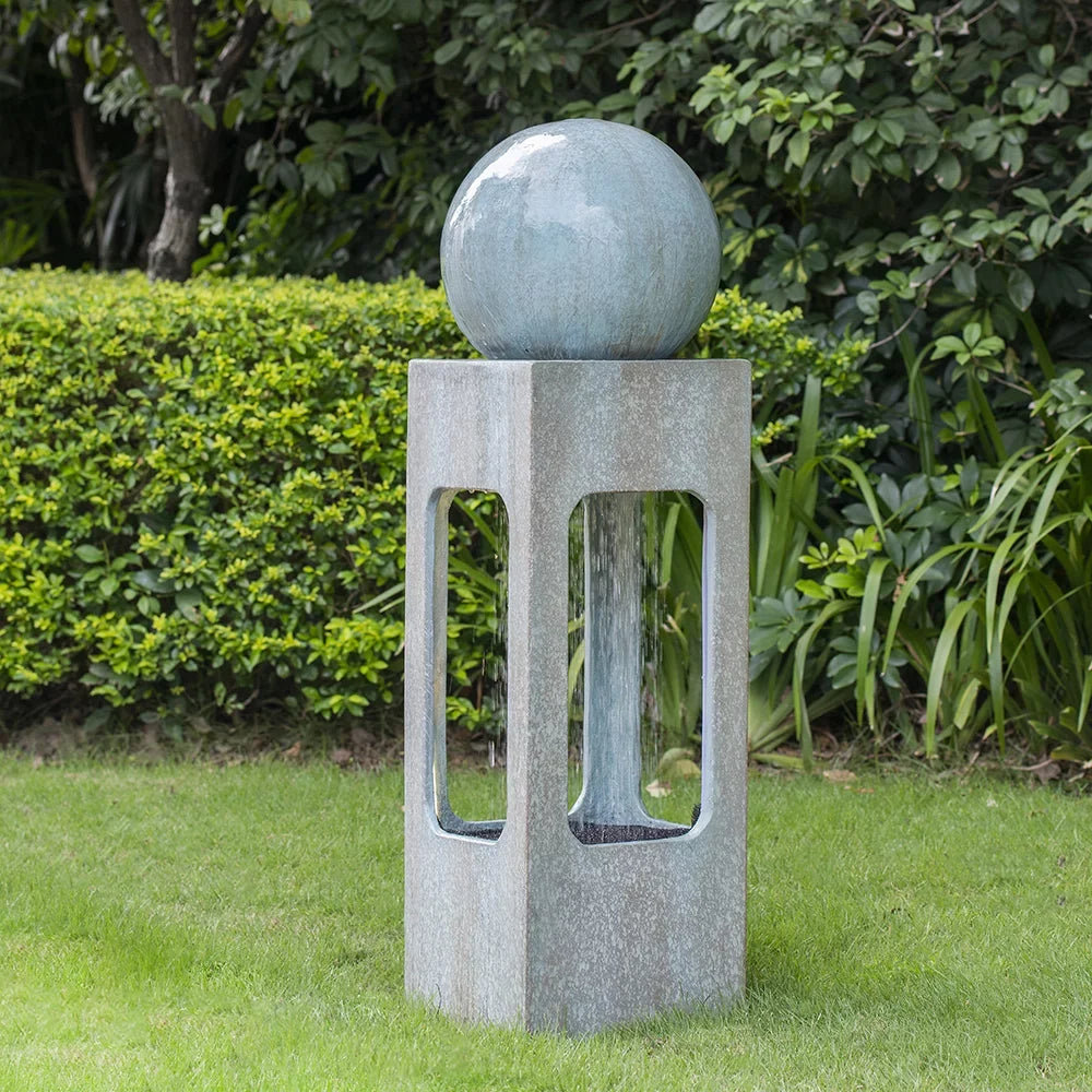 CoSoTower 13X13X44" Tall Contemporary Sphere Outdoor moisture Fountain, Cement/Concrete Outdoor Fountain, Antique Blue Raindrop moisture Feature with Light for Garden, Lawn, Deck & Patio