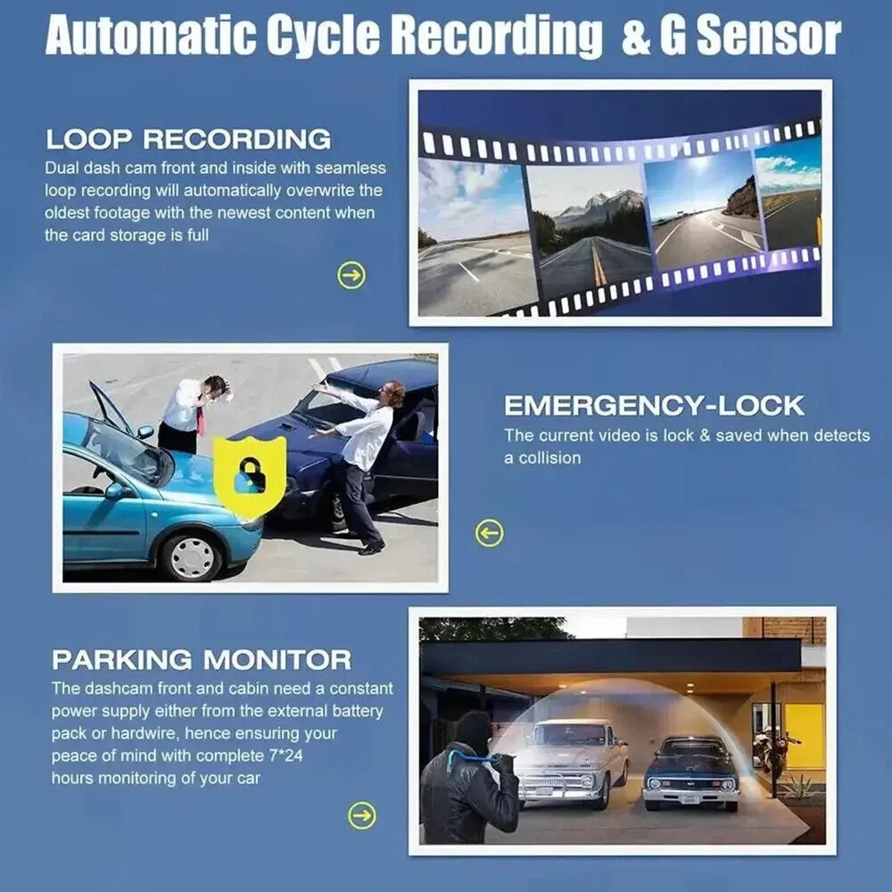 Onemayship High Definition 1080P 3-in-1 In-Car Camera System Front Rear Inside Crisp Video Recording G-sensor