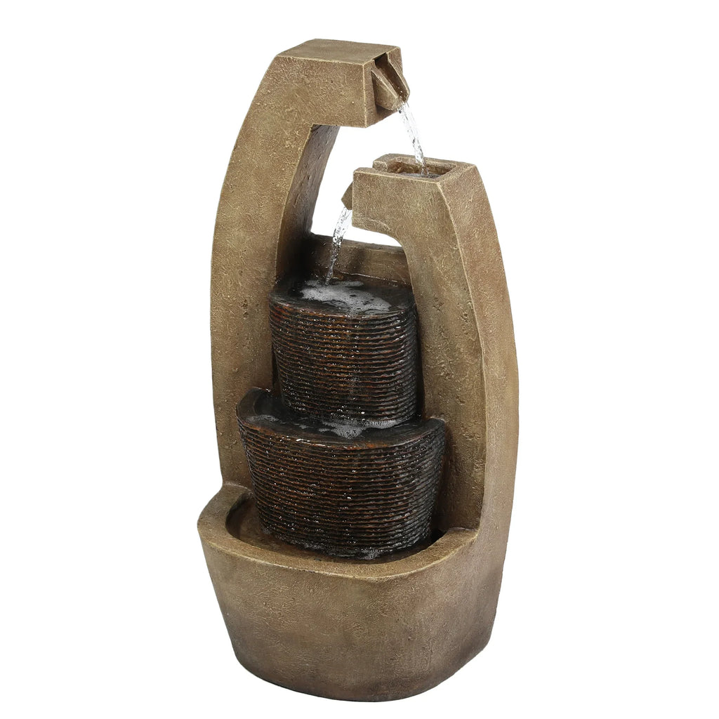 LuxenHome Brown Cement Modern Sculpture Outdoor Fountain with LED Light