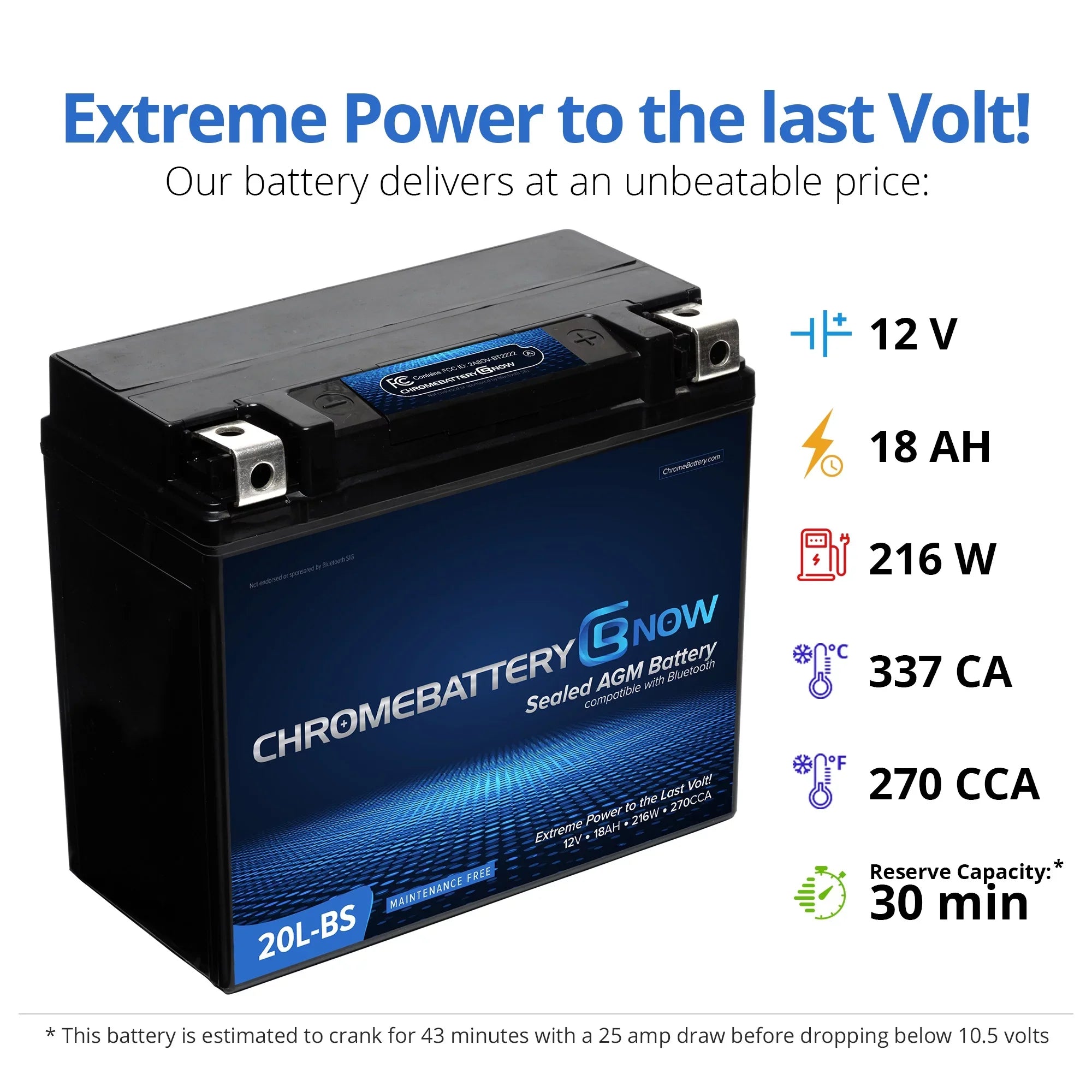 Chrome Battery Now Ytx20l-bs (20l-bs 12 Volt,18 Ah, 270 Cca) Intelligent Wireless Smartphone Connectivity AGM Battery for Personal Watercraft - Brp (sea-doo) 900 Gti 90 Years (2018 - 2020)