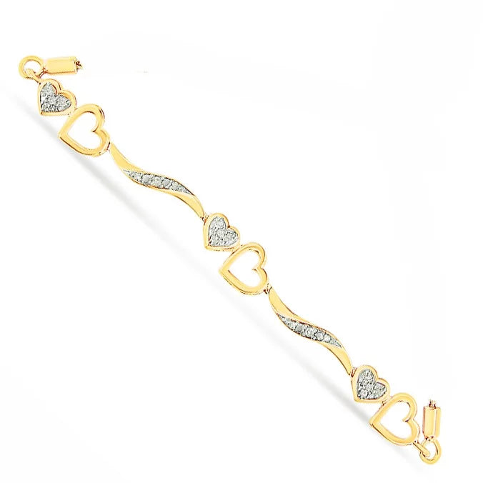 14K Yellow Gold Plated .925 Sterling Silver 1/10 Cttw Diamond Wave and Hearts 4"-10" Adjustable Bolo Bracelet (I-J Color, I3 Clarity)
