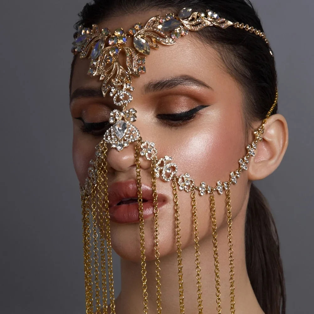 Crystal Face Chain Costumes Halloween Mask for Women Headpiece Tassel Hair Jewelry Face Jewelry Rhinestone