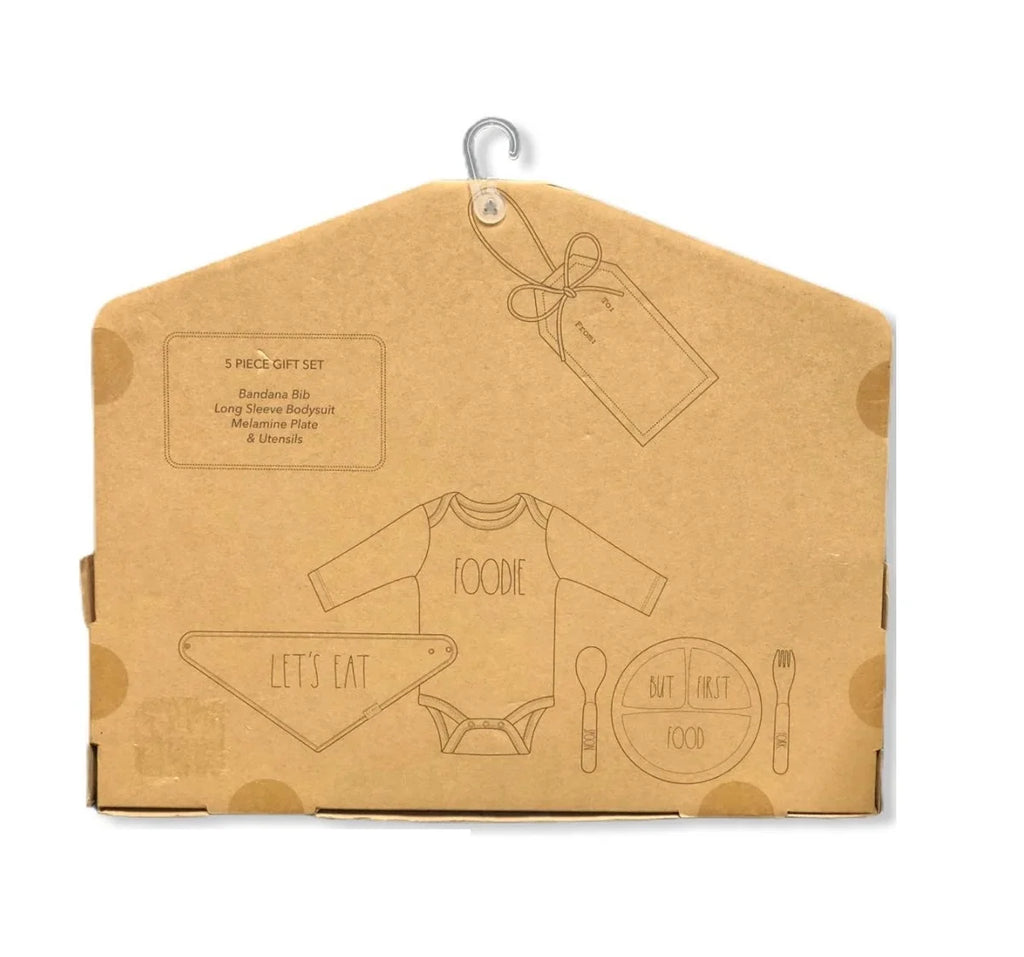 Rae Dunn Baby 5 Piece Gift Set: Plate Bib Bodysuit Utensils (0-3 Months) Foodie
