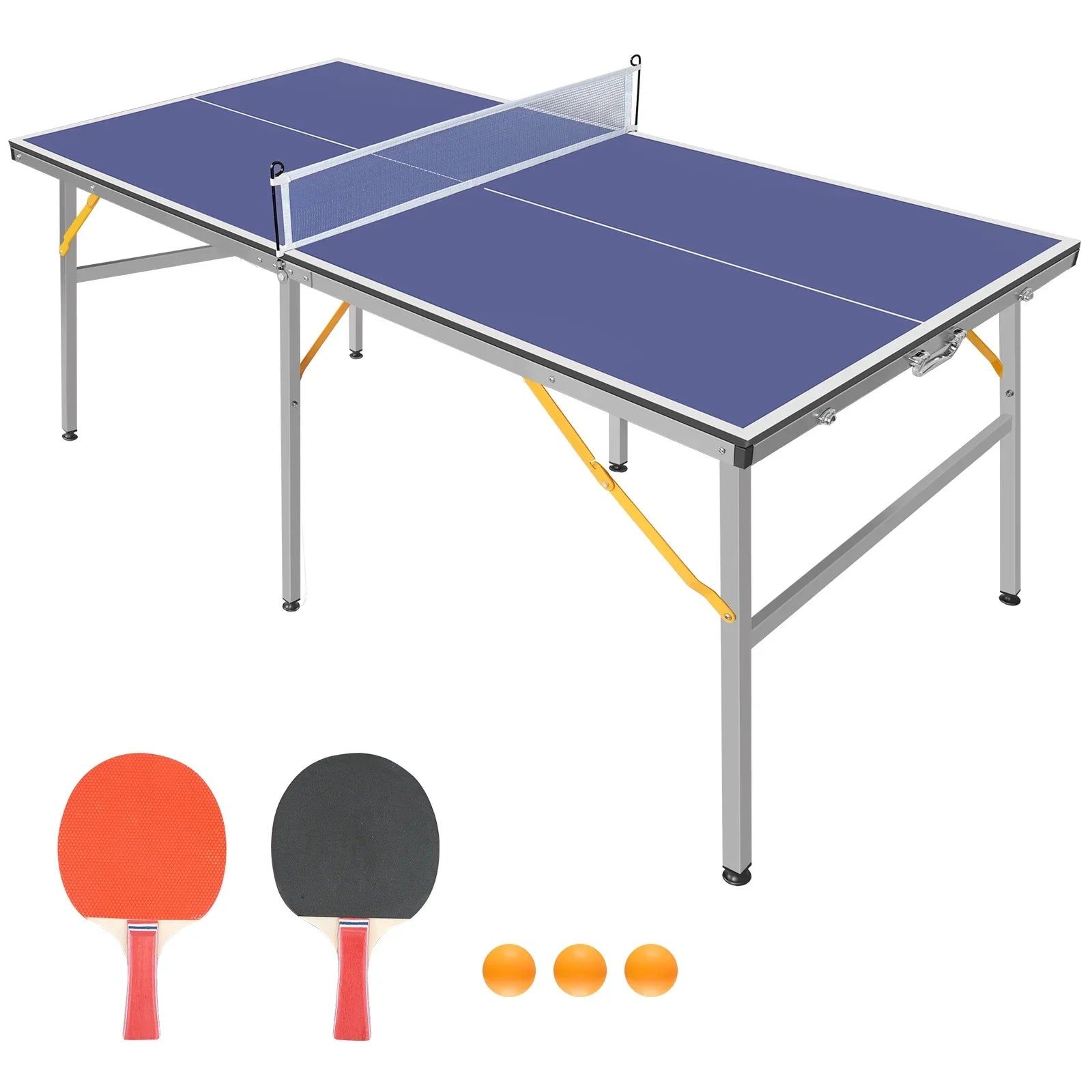 Midsize Ping Pong Table Set, 6ft Foldable Table Tennis Table with Net, 2 Paddles and Balls, 100% Pre-Assembled Folding Ping Pong Table Game Set for Indoor Outdoor