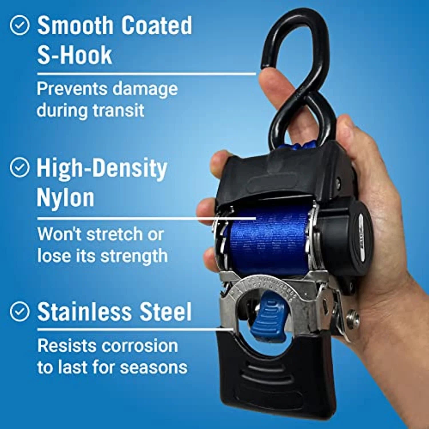 2x43 Blue Stainless Retractable Ratchet Straps - Heavy Duty Set with Mounting Brackets & Bolts - Self-Retracting Buckle for Cargo