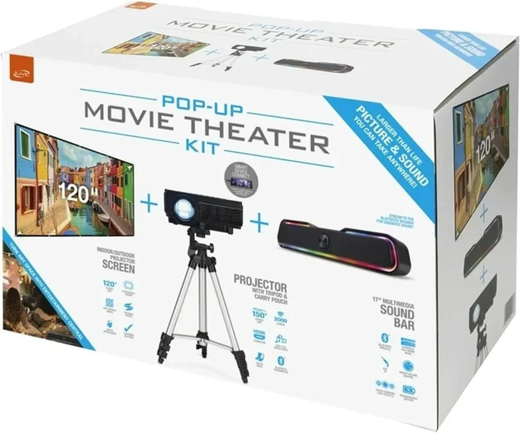 iLive Popup Theater Kit Bundle 2023 With HDMI Cord: 1080p HD Mini Projector, 120" Screen, Bluetooth Soundbar, 42" Tripod - Perfect for Home Cinema, Gaming & Outdoor Movies