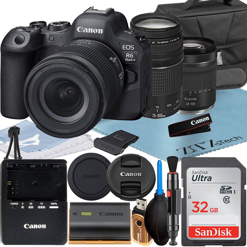 EOS R6 Mark II Mirrorless Camera with RF 24-105mm + EF 75-300mm Lens + SanDisk 32GB Memory Card + Case + LED Flash + ZeeTech Accessory Bundle