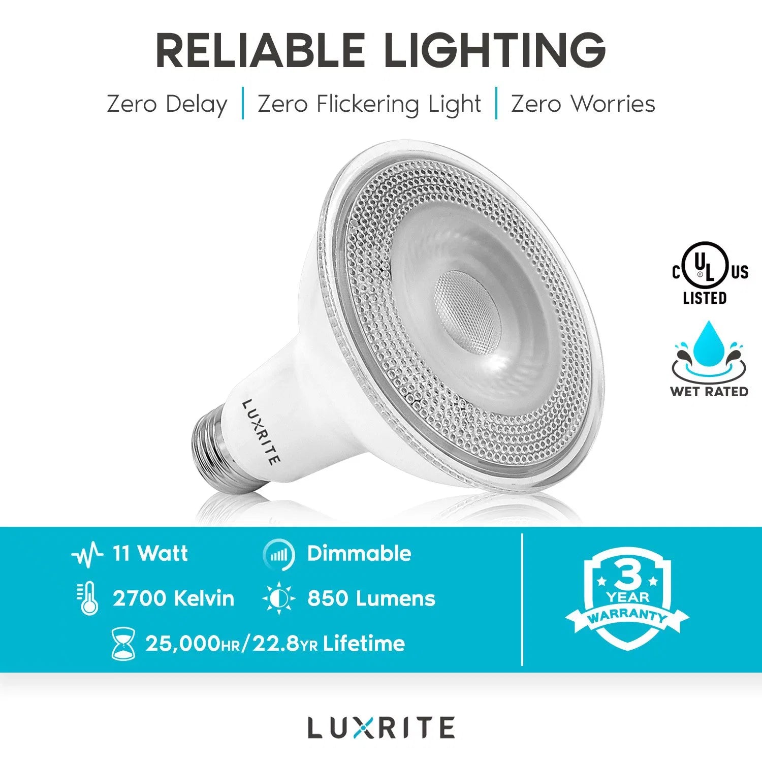 Luxrite 12-Pack LED PAR30 Flood Light Bulb 2700K Warm White 850 Lumens 11W Dimmable Wet Rated E26 Base UL Listed
