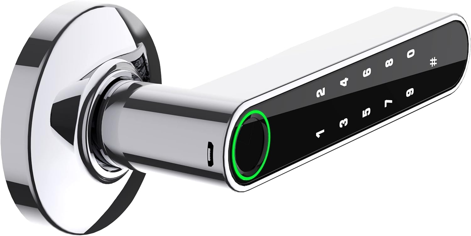 Smart Door Handle by GOURE, Fingerprint Door Lock with Keypads Password, Tuya App and Backup Keys, Easy to Install Ideally Suited for Office, Airbnb, Home [2024 New Upgrade]