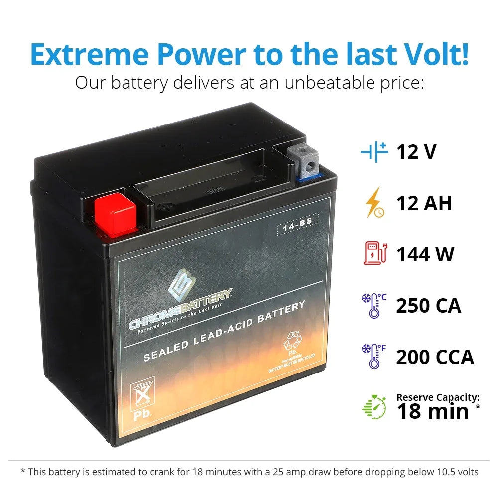 Tourer) 1100cc 01-'07. E. C. Chrome Battery YTX14-BS (14-BS 12 Volt,12 Ah, 200 CCA) Motorcycle Battery for Honda Vt1100c, C3, T Shadow (spirit, Aero, A