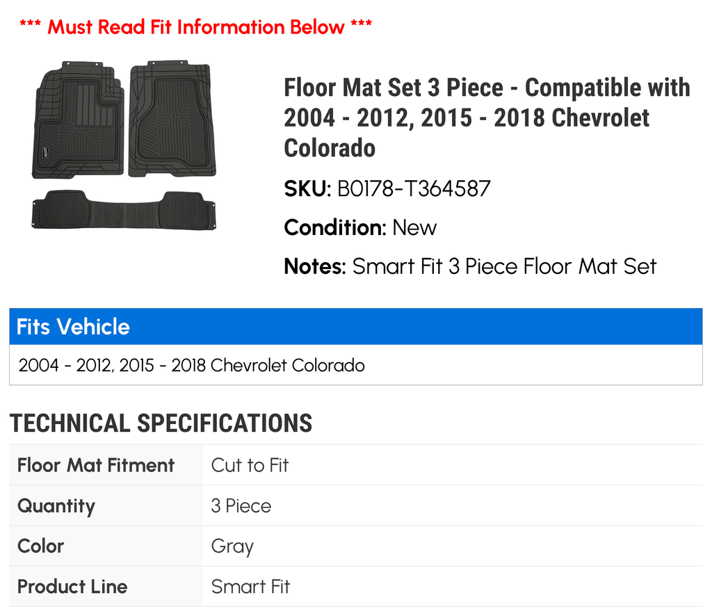 Floor Mat Set 3 Piece - matching with 2004 - 2012, 2015 - 2018 Chevy Colorado 2005 2006 2007 2008 2009 2010 2011 2016 2017