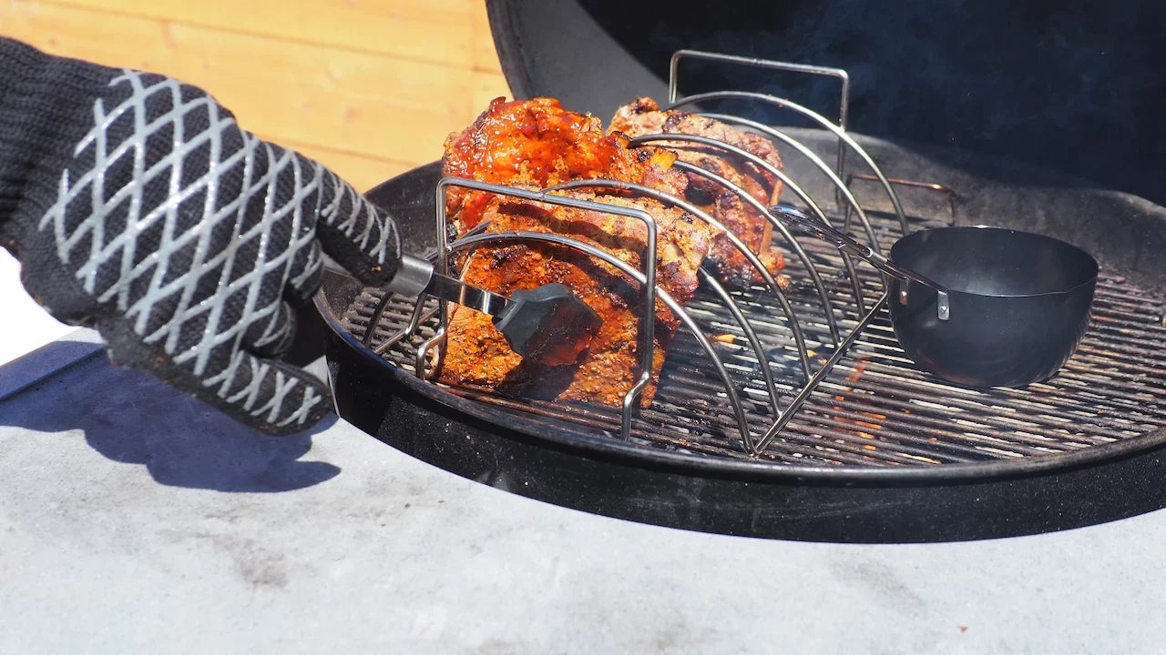 PitMaster King Large 6 Slot Stainless Steel Rib Rack, Sauce Pan and Basting Brush 3pc Combo Set
