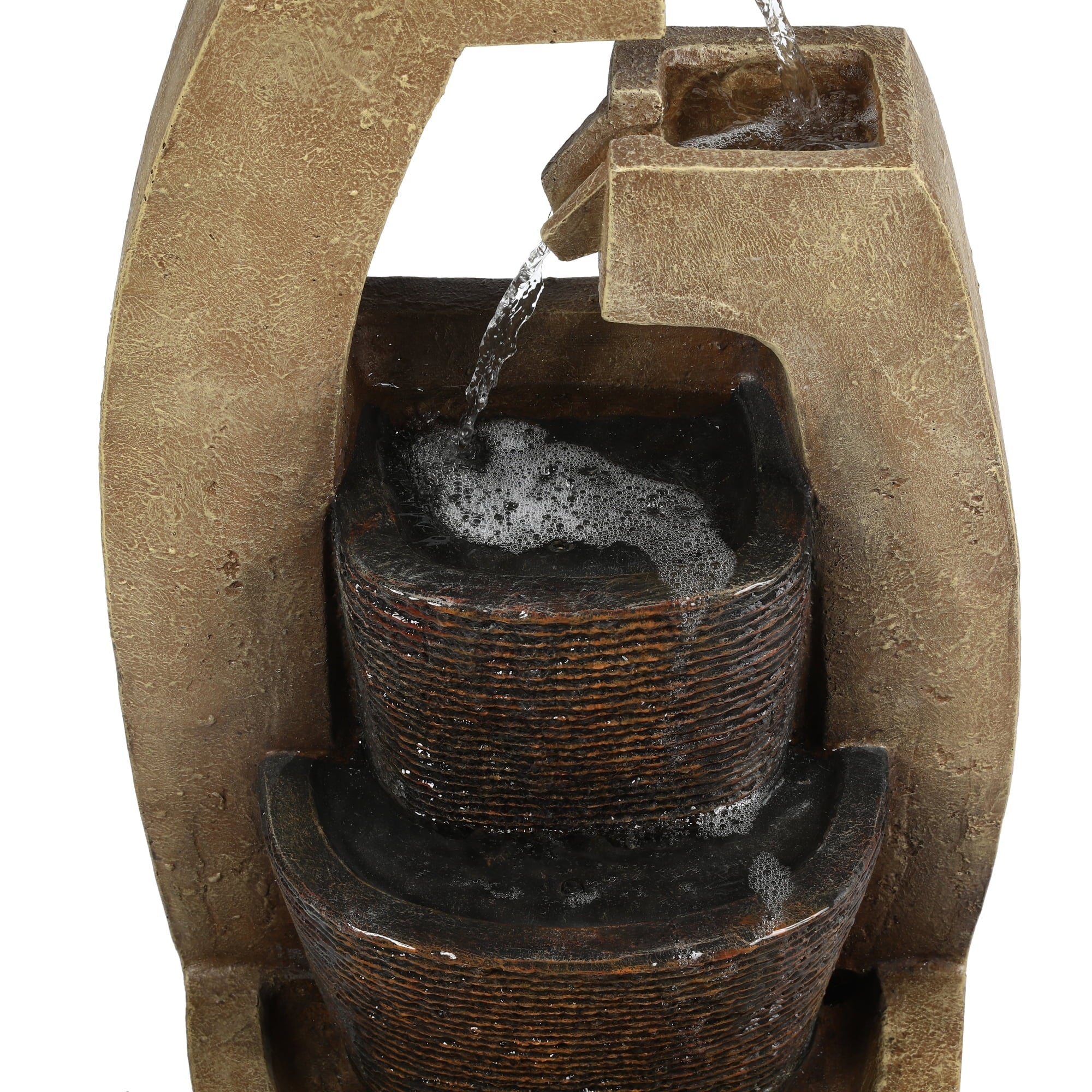 LuxenHome Brown Cement Modern Sculpture Outdoor Fountain with LED Light