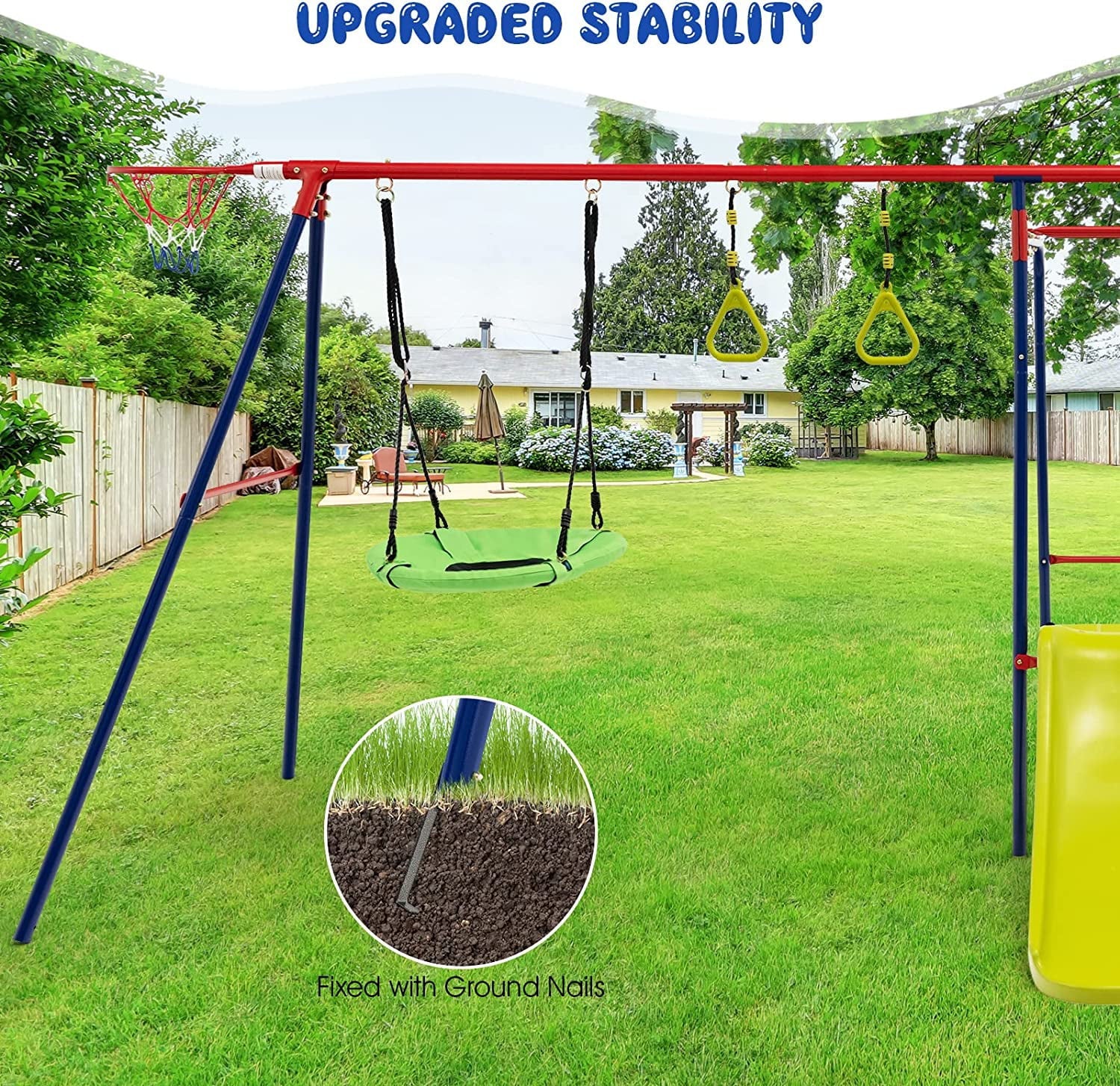 OLAKIDS Swing Sets for Backyard, 7 in 1 Outdoor A-Frame Heavy Duty Metal Swing Stand with Monkey Bar for Kids, 660LBS Playground Playset with Slide, 2 Swings, Glider, Trapeze Rings, Basketball Hoop