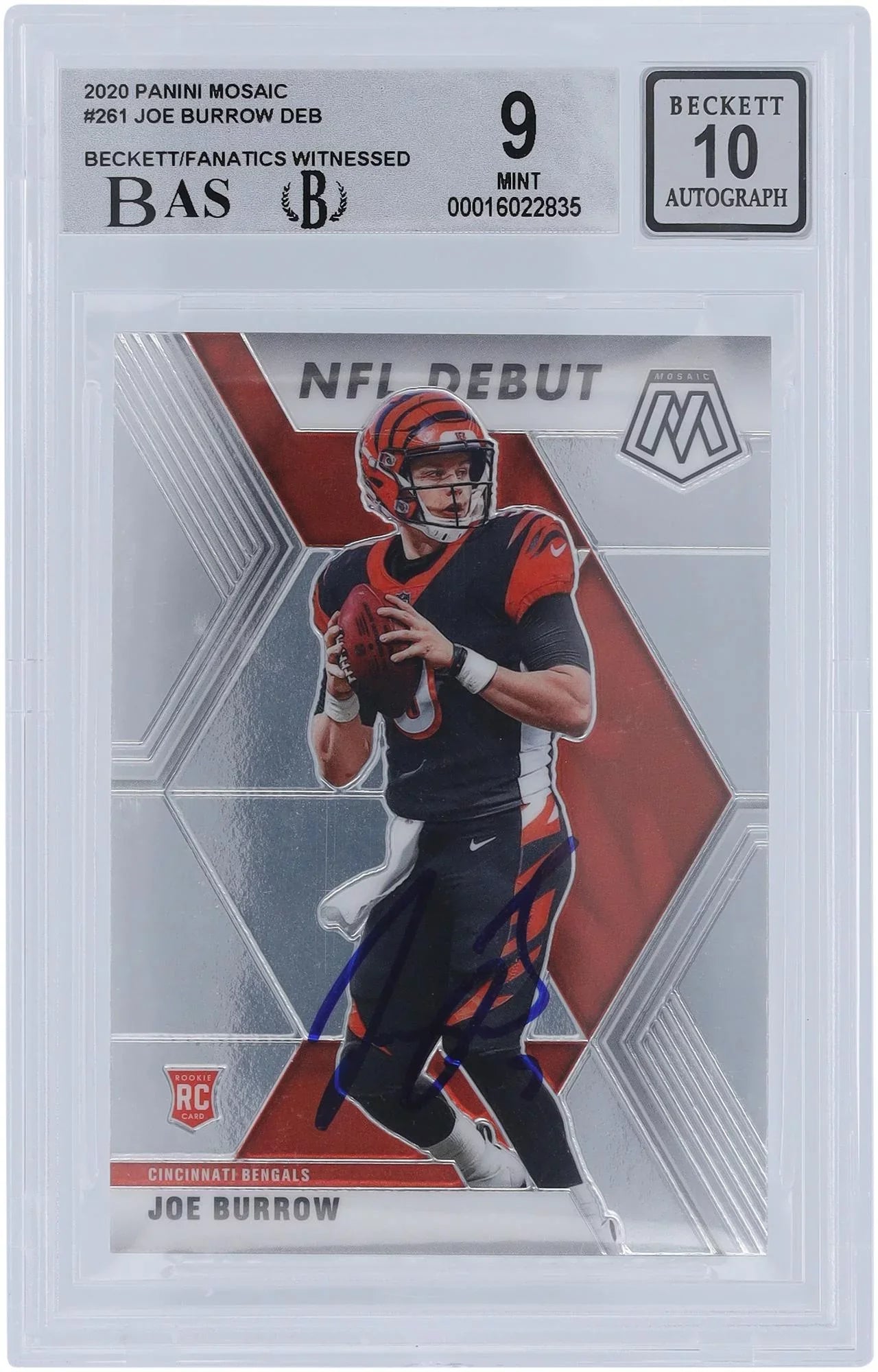 Joe Burrow Cincinnati Bengals Autographed 2020 Panini Mosaic #261 Beckett Fanatics Witnessed Authenticated 9/10 Rookie Card - 9,8.5,9,9 Subgrades - Fanatics Authentic Certified