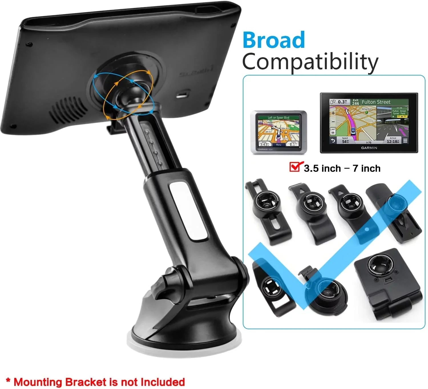 GPS Suction Cup Mount for Garmin [Quick Telescopic Extension Arm] (Set of 2), GPS Dashboard Mount Dash Windshield