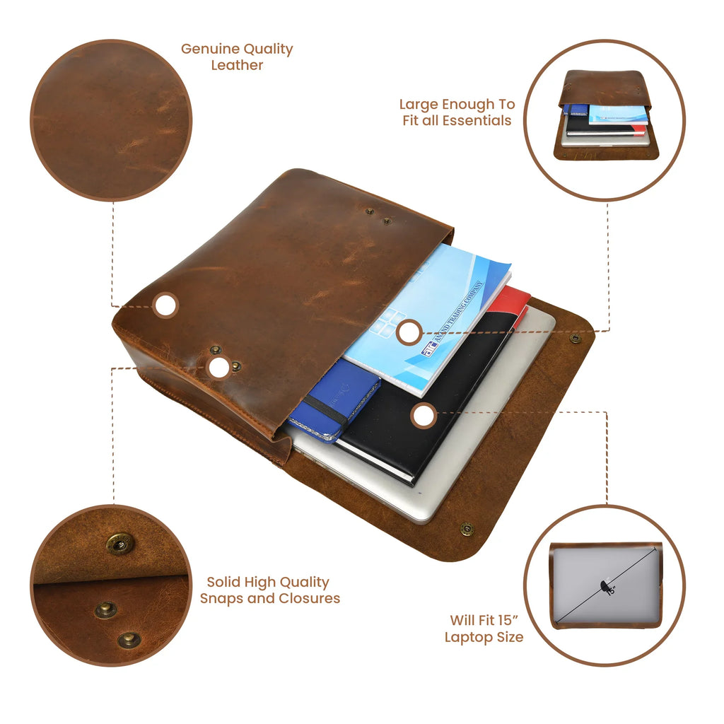 Top Grain Leather Portfolio Envelope Document File Folder MacBook Holder Sleeve Case Folio