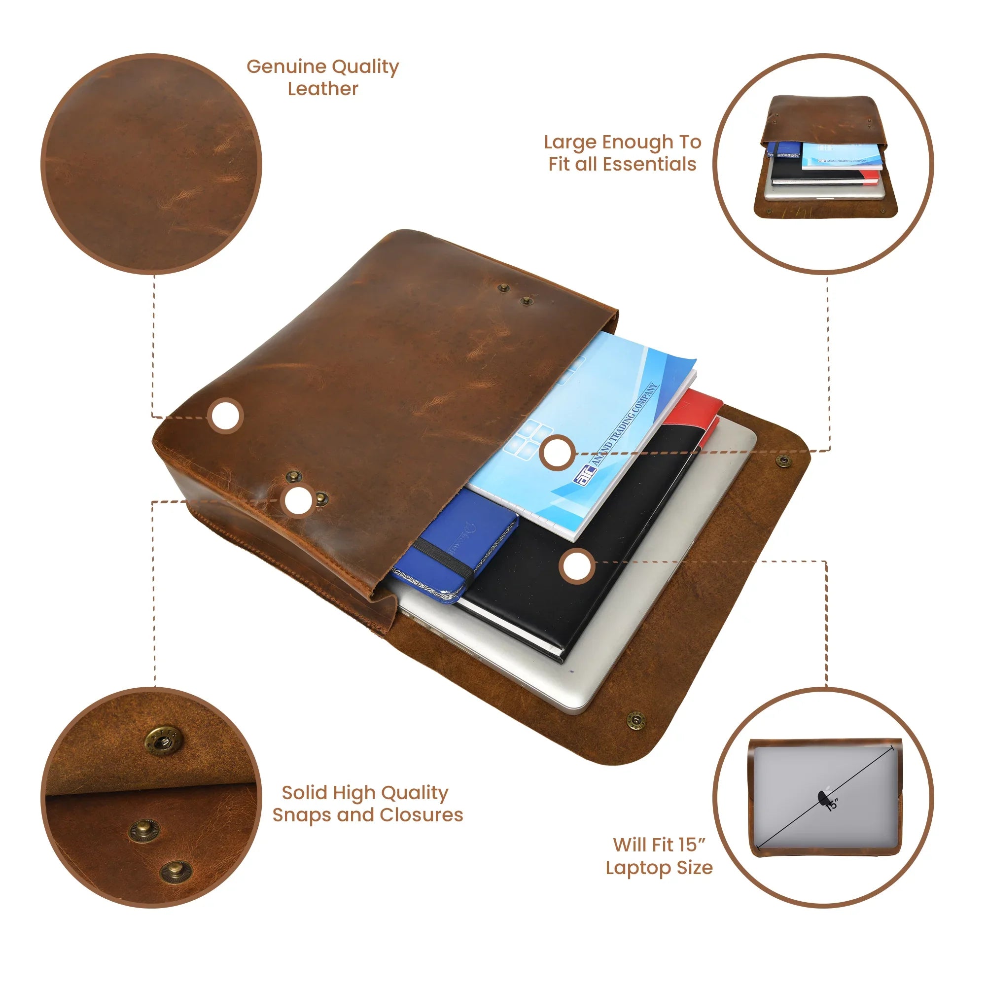 Top Grain Leather Portfolio Envelope Document File Folder MacBook Holder Sleeve Case Folio