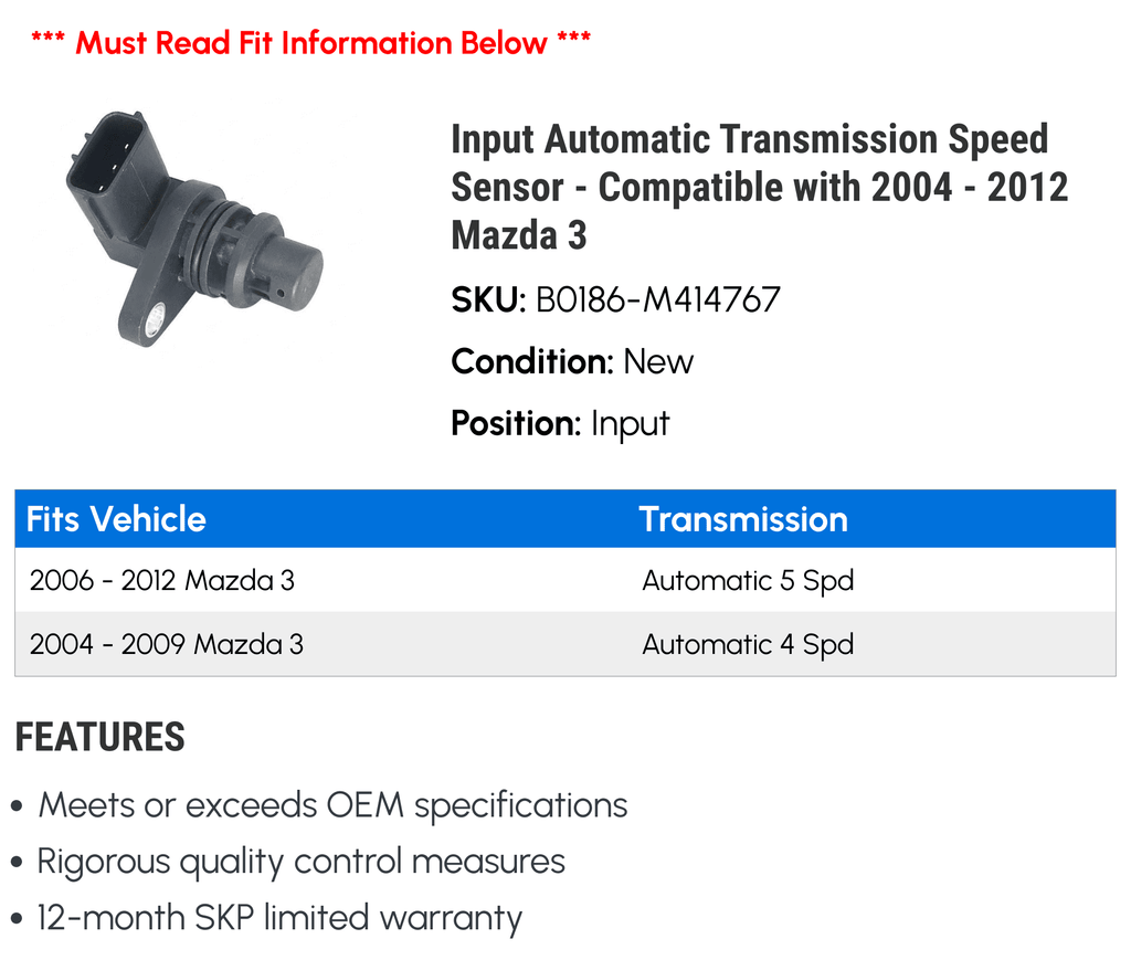 Input Automatic Transmission Speed Sensor - matching with 2004 - 2012 Mazda 3 2005 2006 2007 2008 2009 2010 2011
